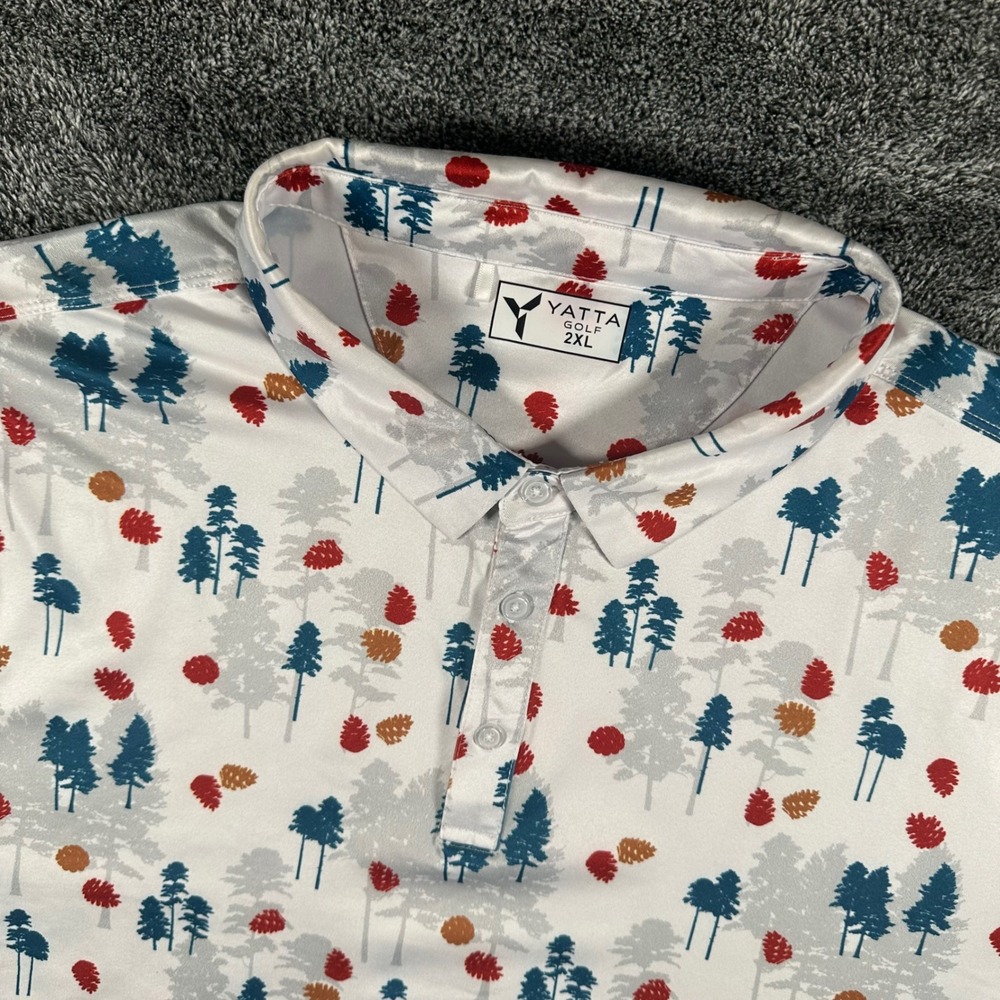 Yatta Golf Polo Shirt Mens 2XL Pine Tree Pinecone White Red Blue Stretch Sport